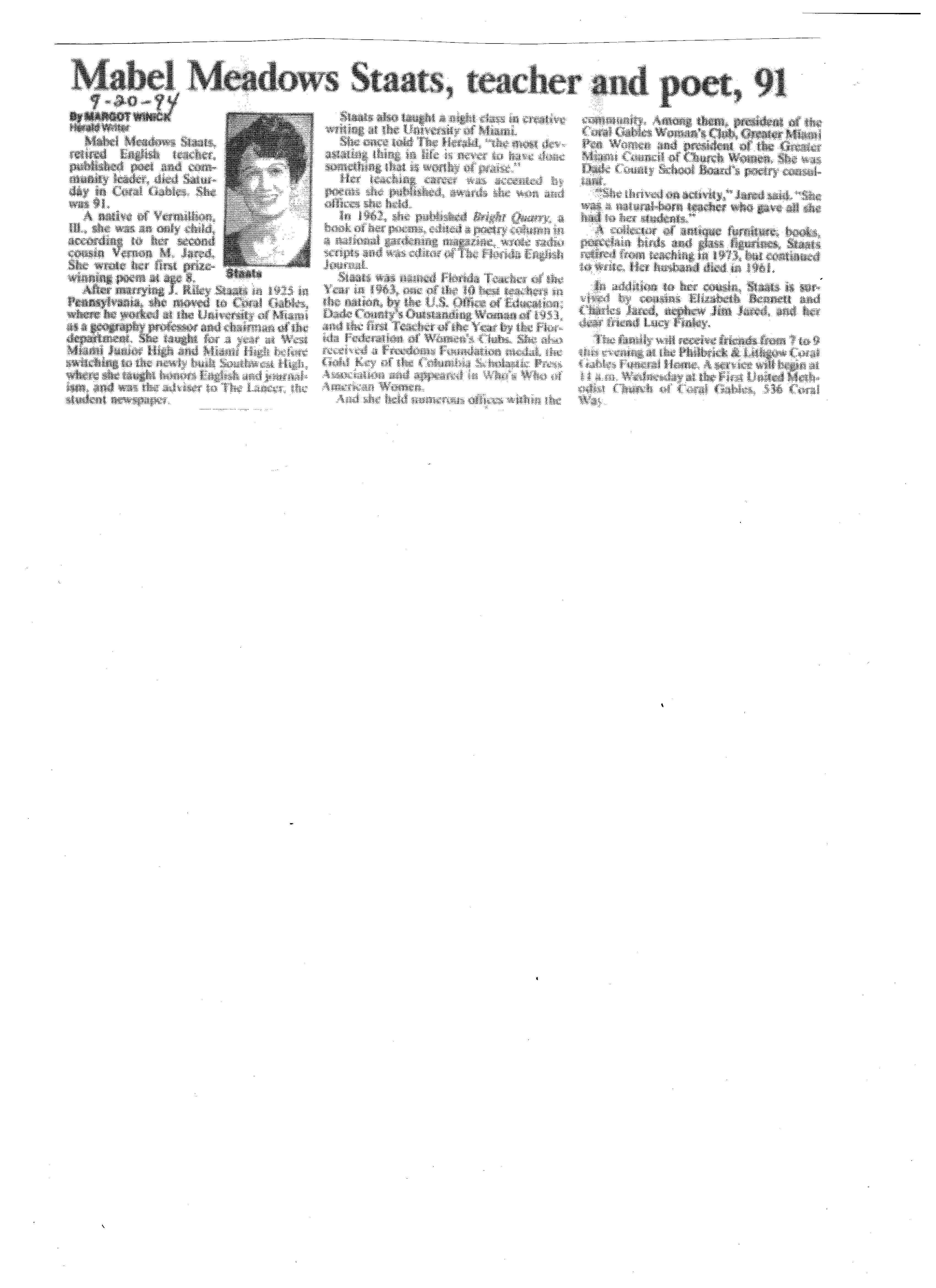 Mabel Staats Obit